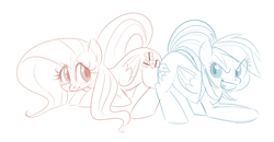 Size: 744x388 | Tagged: safe, artist:jessy, character:fluttershy, character:rainbow dash, species:pegasus, species:pony, blushing, butt bump, butt to butt, butt touch, duo, female, mare, monochrome, prone, simple background, sketch, white background