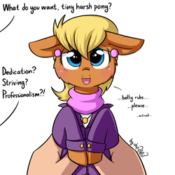 Size: 1920x1920 | Tagged: safe, artist:dsp2003, part of a set, character:ms. harshwhinny, species:human, species:pony, :d, blushing, clothing, cute, dialogue, floppy ears, fluffy, holding a pony, i can't believe it's not tjpones, implied belly rubs, lidded eyes, looking at you, ms. cutewhinny, offscreen character, open mouth, part of a series, simple background, smiling, style emulation, this will end in belly rubs, tired, unprofessional, what do you want, white background