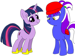 Size: 1066x800 | Tagged: safe, artist:toyminator900, character:twilight sparkle, oc, oc:filly billy, species:pony, species:unicorn, beanie, clothing, duo, fimfiction, hat, horseshoes, pigtails, simple background, transparent background