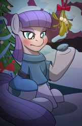 Size: 1650x2550 | Tagged: safe, artist:drawponies, character:boulder, character:maud pie, species:pony, blushing, cargo ship, christmas tree, clothing, duo, eyeshadow, lidded eyes, makeup, mistletoe, shipping, snow, tree