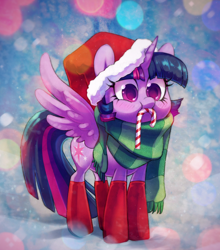 Size: 2228x2527 | Tagged: safe, artist:dawnfire, character:twilight sparkle, character:twilight sparkle (alicorn), species:alicorn, species:pony, candy, candy cane, clothing, cute, female, food, hat, mouth hold, nibbling, puffy cheeks, santa hat, scarf, snow, socks, solo, spread wings, twiabetes, wings