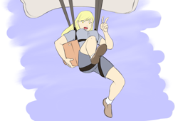 Size: 1263x858 | Tagged: safe, artist:eve-ashgrove, character:derpy hooves, species:human, air ponyville, breasts, busty derpy hooves, delivery, falling, female, from below, humanized, mailmare, package, parachute, peace sign, simple background, skydiving, smiling, solo