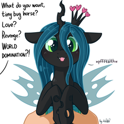Size: 1920x1920 | Tagged: safe, artist:dsp2003, character:queen chrysalis, species:human, species:pony, alternate universe, blushing, cute, cutealis, dsp2003 is trying to murder us, female, floppy ears, holding a pony, implied fluffle puff, offscreen character, onomatopoeia, raspberry, raspberry noise, silly, style emulation, tiny ponies, tongue out, what do you want