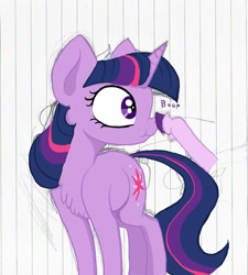 Size: 995x1105 | Tagged: safe, artist:paskanaakka, derpibooru original, character:starlight glimmer, character:twilight sparkle, :t, boop, chest fluff, disembodied hoof, duo, lined paper, looking at something, nose wrinkle, simple background