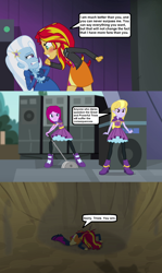 Size: 1278x2140 | Tagged: safe, artist:themexicanpunisher, character:fuchsia blush, character:lavender lace, character:sunset shimmer, character:trixie, equestria girls:rainbow rocks, g4, my little pony: equestria girls, my little pony:equestria girls, comic, female, screencap comic, speaker, tree, trixie and the illusions