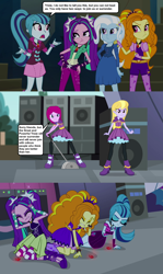 Size: 1278x2140 | Tagged: safe, artist:themexicanpunisher, character:adagio dazzle, character:aria blaze, character:fuchsia blush, character:lavender lace, character:sonata dusk, character:trixie, equestria girls:rainbow rocks, g4, my little pony: equestria girls, my little pony:equestria girls, comic, dialogue, female, screencap comic, sleeveless, speaker, speech bubble, the dazzlings, trixie and the illusions