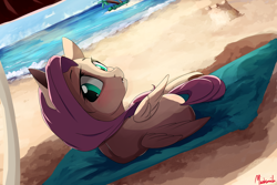 Size: 1800x1200 | Tagged: safe, artist:miokomata, character:fluttershy, species:pegasus, species:pony, beach, beach blanket, beach umbrella, blushing, cute, cute little fangs, dutch angle, fangs, female, looking at you, looking back, looking over shoulder, mare, shyabetes, signature, solo