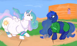 Size: 2500x1500 | Tagged: safe, artist:lupin quill, character:princess celestia, character:princess luna, character:twilight sparkle, belly, chubbylestia, clothing, dust, exercise, fat, panting, princess moonpig, royal sisters, running, sweat, sweatband, sweatdrop, tracksuit