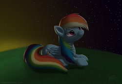Size: 2000x1385 | Tagged: safe, artist:skipsy, character:rainbow dash, species:pegasus, species:pony, female, grass, looking up, lying down, mare, night, night sky, sky, solo, starry night, sunset