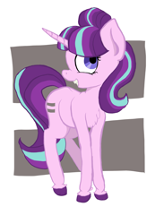 Size: 1677x2286 | Tagged: safe, artist:paskanaakka, derpibooru original, character:starlight glimmer, species:pony, species:unicorn, g4, chest fluff, colored hooves, cutie mark background, empty eyes, equal cutie mark, equalized, equalized mane, female, grin, looking at you, mare, no catchlights, raised hoof, s5 starlight, smiling, solo