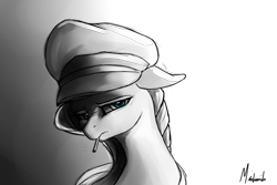 Size: 1800x1200 | Tagged: safe, artist:miokomata, character:fluttershy, blue eyes, bust, clothing, fangs, female, german, hat, looking at you, monochrome, peaked cap, signature, solo