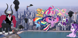 Size: 3616x1796 | Tagged: safe, artist:logan859, artist:masem, artist:reginault, artist:vector-brony, character:applejack, character:fluttershy, character:lord tirek, character:pinkie pie, character:rainbow dash, character:rarity, character:starlight glimmer, character:twilight sparkle, character:twilight sparkle (alicorn), species:alicorn, species:pony, chicago, giant pony, highrise ponies, illinois, irl, macro, mane six, photo, ponies in real life, rainbow power