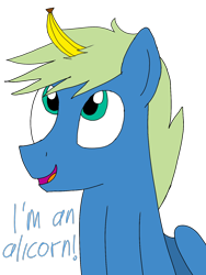 Size: 1200x1600 | Tagged: safe, artist:toyminator900, oc, oc only, oc:screen gazer, species:pegasus, species:pony, banana, eyes on the prize, fake horn, food, fruit, silly, silly pony, simple background, solo, transparent background
