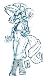 Size: 473x800 | Tagged: safe, artist:zwitterkitsune, character:rarity, species:anthro, clothing, female, monochrome, sketch, solo