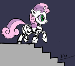 Size: 1349x1188 | Tagged: safe, artist:xbi, character:sweetie belle, species:pony, species:unicorn, friendship is witchcraft, sweetie bot, falling, female, filly, foal, hooves, horn, impending slinky noises, neigh soul sister, robot, robot pony, solo, this will end in pain, this will not end well