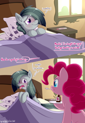 Size: 2013x2896 | Tagged: safe, artist:dsp2003, artist:lalieri, character:marble pie, character:pinkie pie, species:earth pony, species:pony, bed, bedroom, blushing, blushing profusely, caring for the sick, collaboration, colored, comic, cute, disgusted, female, marblebetes, medicine, open mouth, pie sisters, pie twins, sick, sisterly love, sisters, sniffling, spoon, thermometer, tongue out, twins