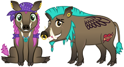 Size: 3700x2000 | Tagged: safe, artist:cheezedoodle96, oc, oc only, oc:chopper, oc:smokie, .svg available, bandana, barely pony related, beard, boar, clothing, duo, ear piercing, earring, facial hair, female, headscarf, jewelry, looking at you, male, mohawk, non-pony oc, nose piercing, nose ring, original species, piercing, pig, pigtails, scarf, sideburns, sitting, svg, tattoo, tusk, vector