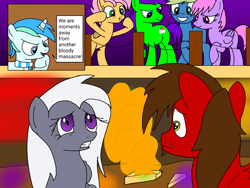 Size: 1600x1200 | Tagged: safe, artist:toyminator900, oc, oc only, oc:aureai gray, oc:beauty cheat, oc:chip, oc:clever clop, oc:cyan lightning, oc:melody notes, oc:screen gazer, announcer, dialogue, far cry 4, raised hoof, scared, smoke, speech bubble, this will end in tears and/or death