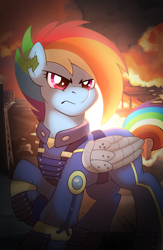 Size: 1000x1533 | Tagged: safe, artist:drawponies, character:rainbow dash, episode:the cutie re-mark, alternate timeline, apocalypse dash, clothing, crystal war timeline, female, prosthetic limb, prosthetics, raised hoof, solo, torn ear