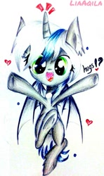 Size: 380x640 | Tagged: safe, artist:liaaqila, oc, oc only, oc:elizabat stormfeather, species:alicorn, species:bat pony, species:pony, alicorn oc, bat pony alicorn, commission, cute, happy, hug request, looking at you, smiling, solo, traditional art