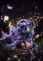 Size: 809x1141 | Tagged: safe, artist:assasinmonkey, edit, character:princess luna, species:alicorn, species:pony, beautiful, canterlot, city, clothing, colored, crescent moon, dress, female, jewelry, mare, moon, necklace, night, pond, prone, scenery, solo, stars, water, waterlily