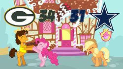 Size: 1920x1080 | Tagged: safe, artist:masem, artist:oblivionfall, artist:yoshigreenwater, character:applejack, character:cheese sandwich, character:pinkie pie, american football, dallas cowboys, green bay packers, nfc divisional round, nfl, nfl divisional round, nfl playoffs, obligatory pony, vector