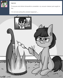 Size: 1920x2389 | Tagged: safe, artist:dsp2003, oc, oc only, oc:tjpones, ponysona, species:earth pony, species:pony, ask, black and white, disco, disco inferno, fire, food, grayscale, i can't believe it's not tjpones, male, marshmallow, monochrome, style emulation, tumblr, vacuum burner, vacuum cleaner