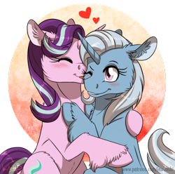 Size: 800x792 | Tagged: safe, artist:inuhoshi-to-darkpen, character:starlight glimmer, character:trixie, species:pony, species:unicorn, ship:startrix, blep, blushing, cheek fluff, cute, diatrixes, ear fluff, eyes closed, female, floppy ears, fluffy, glimmerbetes, grin, heart, hug, lesbian, licking, one eye closed, patreon, patreon logo, shipping, simple background, smiling, tongue out, transparent background, unshorn fetlocks, wink