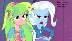 Size: 1256x714 | Tagged: safe, artist:themexicanpunisher, artist:xebck, character:lemon zest, character:trixie, my little pony:equestria girls, alternate universe, biased, clothing, cute, dialogue, open mouth, opinion, raised eyebrow, zestabetes