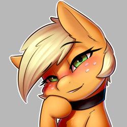 Size: 1800x1800 | Tagged: safe, artist:captainpudgemuffin, character:applejack, species:pony, alternate hairstyle, blushing, bust, captainpudgemuffin is trying to murder us, choker, collar, cute, female, fluffy, freckles, gray background, grin, head tilt, jackabetes, leaning, lidded eyes, looking at you, mare, pixie cut, portrait, short hair, simple background, smiling, solo
