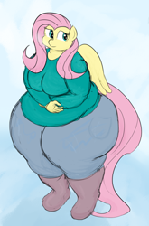 Size: 634x960 | Tagged: safe, artist:lupin quill, character:fluttershy, species:anthro, bbw, boots, chubby, clothing, cold, fat, fattershy, female, jeans, pants, solo, style emulation, sweater, sweatershy, thunder thighs, wide hips, winter