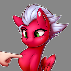 Size: 1800x1800 | Tagged: safe, artist:captainpudgemuffin, oc, oc only, oc:melon frost, species:human, species:pegasus, species:pony, :<, blushing, cheek fluff, chest boop, chest fluff, commission, cute, ear fluff, ear piercing, earring, example, female, fluffy, freckles, frown, glare, gray background, grumpy, hand, jewelry, mare, ocbetes, offscreen character, piercing, poking, pouting, raised eyebrow, shoulder fluff, simple background, solo focus, squishy chest, unamused, wing fluff