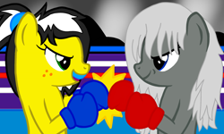 Size: 2000x1200 | Tagged: safe, artist:toyminator900, oc, oc only, oc:silver veil, oc:uppercute, species:earth pony, species:pony, boxing, boxing gloves, boxing ring, duo, looking at each other