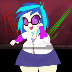 Size: 1500x1500 | Tagged: safe, artist:lupin quill, edit, character:dj pon-3, character:vinyl scratch, my little pony:equestria girls, bbw, fat, female, obese, scene interpretation, solo, vinyl fat