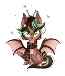 Size: 850x989 | Tagged: safe, artist:ipun, oc, oc only, oc:cocoa dot, species:bat pony, species:pony, clothing, female, heart, heart eyes, mare, scarf, simple background, sitting, solo, transparent background, wingding eyes