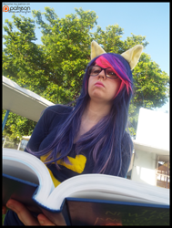 Size: 1513x2000 | Tagged: safe, artist:krazykari, character:twilight sparkle, species:human, book, clothing, cosplay, costume, glasses, irl, irl human, photo, pony ears, reading, solo, wondercolts uniform