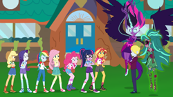 Size: 1920x1080 | Tagged: safe, artist:askometa, artist:dashiemlpfim, artist:wawtoons, artist:xebck, artist:yoshigreenwater, character:applejack, character:fluttershy, character:gloriosa daisy, character:midnight sparkle, character:pinkie pie, character:rainbow dash, character:sunset shimmer, character:twilight sparkle, character:twilight sparkle (scitwi), oc, oc:delta brony, species:eqg human, equestria girls:legend of everfree, g4, my little pony: equestria girls, my little pony:equestria girls, boots, bracelet, clothing, converse, cowboy boots, cowboy hat, crossed arms, denim, dress, equestria girls-ified, fist, floating, freckles, gaea everfree, hat, jewelry, magical geodes, midnight sparkle, pants, self paradox, shoes, shorts, skirt, socks