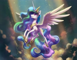 Size: 6379x5010 | Tagged: safe, artist:dawnfire, artist:nadnerbd, character:princess celestia, species:alicorn, species:pony, g4, absurd resolution, beautiful, clothing, cloud, collaboration, crepuscular rays, crown, cute, cutelestia, female, flying, hoof shoes, jewelry, looking up, majestic, mare, necklace, peytral, praise the sun, profile, raised hoof, regalia, shoes, sky, solo, spread wings, sunlight, wings