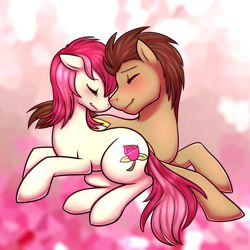 Size: 1440x1440 | Tagged: safe, artist:deyogee, artist:jitterbugjive, character:doctor whooves, character:roseluck, character:time turner, species:pony, ship:doctorrose, blushing, cute, eyes closed, male, shipping, stallion, straight
