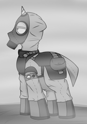 Size: 1761x2496 | Tagged: safe, artist:coatieyay, oc, oc only, fallout equestria, bags under eyes, boots, fog, gas mask, hazmat suit, mask, monochrome, solo