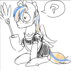 Size: 752x753 | Tagged: safe, artist:strangerdanger, oc, oc only, oc:cold front, species:pegasus, species:pony, clothing, confused, crossdressing, dress, duster, maid, male, monochrome, partial color, simple background, sketch, solo, stallion, white background