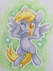 Size: 960x1280 | Tagged: safe, artist:dawnfire, character:derpy hooves, species:pony, bipedal, colored pupils, cute, derpabetes, female, one eye closed, scrunchy face, solo, spread wings, traditional art, wings, wink