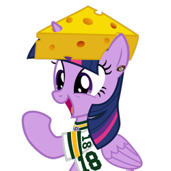 Size: 1000x1000 | Tagged: safe, artist:cheezedoodle96, character:twilight sparkle, character:twilight sparkle (alicorn), species:alicorn, species:pony, american football, cheese, cheese hat, cheesehead, clothing, cute, ear piercing, earring, female, food, green bay packers, happy, hat, hilarious in hindsight, jewelry, mare, nfl, open mouth, piercing, randall cobb, simple background, sitting, smiling, solo, they're just so cheesy, transparent background, wisconsin