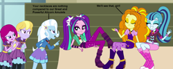 Size: 1782x712 | Tagged: safe, artist:fureox, artist:givralix, artist:mewtwo-ex, artist:themexicanpunisher, character:adagio dazzle, character:aria blaze, character:fuchsia blush, character:lavender lace, character:sonata dusk, character:trixie, equestria girls:rainbow rocks, g4, my little pony: equestria girls, my little pony:equestria girls, alicorn amulet, boots, clothing, dialogue, female, high heel boots, hoodie, jewelry, misspelling, necklace, pigtails, ponytail, skirt, socks, the dazzlings, trixie and the illusions, twintails