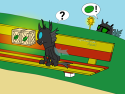Size: 1600x1200 | Tagged: safe, artist:toyminator900, artist:watermelon changeling, oc, oc:éling chang, species:changeling, bench, changeling loves watermelon, changeling oc, collaboration, crate, duo, food, glasses, green changeling, kevin (changeling), levitation, magic, russian, staff, telekinesis, translated in the comments, watermelon