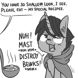 Size: 1408x1408 | Tagged: safe, artist:dsp2003, character:shadow lock, species:pony, species:unicorn, spoiler:comic, carrot, chest fluff, cloak, clothing, comic, cute, derp, dialogue, food, grayscale, i can't believe it's not tjpones, implied zecora, male, monochrome, offscreen character, open mouth, potato, simple background, soup, style emulation, tumblr, white background