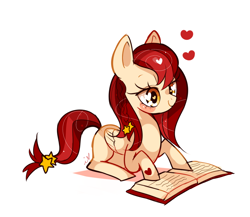 Size: 1000x869 | Tagged: safe, artist:ipun, oc, oc only, oc:sundance, species:pegasus, species:pony, book, female, heart eyes, mare, prone, simple background, solo, white background, wingding eyes
