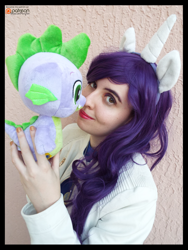 Size: 3456x4608 | Tagged: safe, artist:krazykari, character:rarity, character:spike, species:dragon, species:human, absurd resolution, build-a-bear, clothing, cosplay, costume, irl, irl human, photo, plushie, pony ears