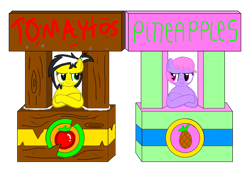 Size: 1600x1200 | Tagged: safe, artist:toyminator900, oc, oc only, oc:melody notes, oc:uppercute, species:earth pony, species:pegasus, species:pony, concession stand, crossed arms, duo, food, glue, pineapple, simple background, tomato, transparent background