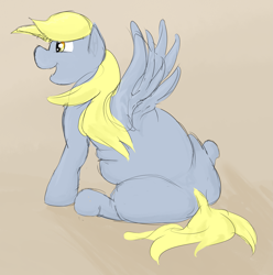 Size: 1415x1428 | Tagged: safe, artist:lupin quill, character:derpy hooves, species:pegasus, species:pony, aderpose, chubby, fat, female, mare, missing cutie mark, simple background, sitting, solo